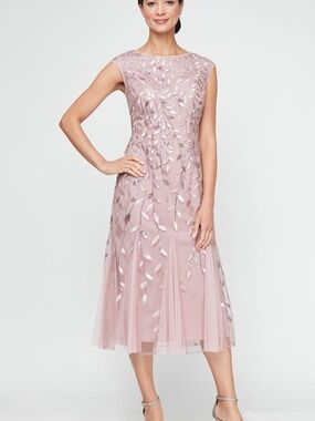alexevenings.com Petite Midi Embroidered Dress with Illusion Neckline and Godet